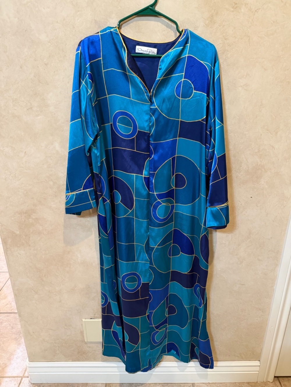 Oscar de la Renta Teal and Royal Blue Geometric Long Sleeve caftan 1970s vintage